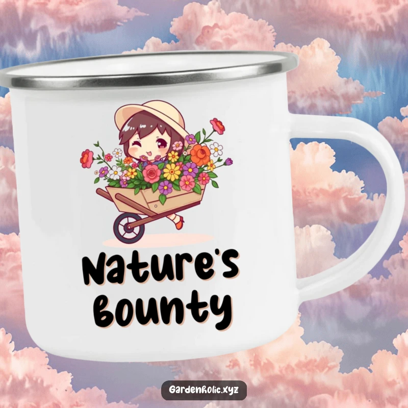 Funny camping mug featuring a character with a playful swagger carrying a wheelbarrow full of flowers, perfect for outdoor joy.