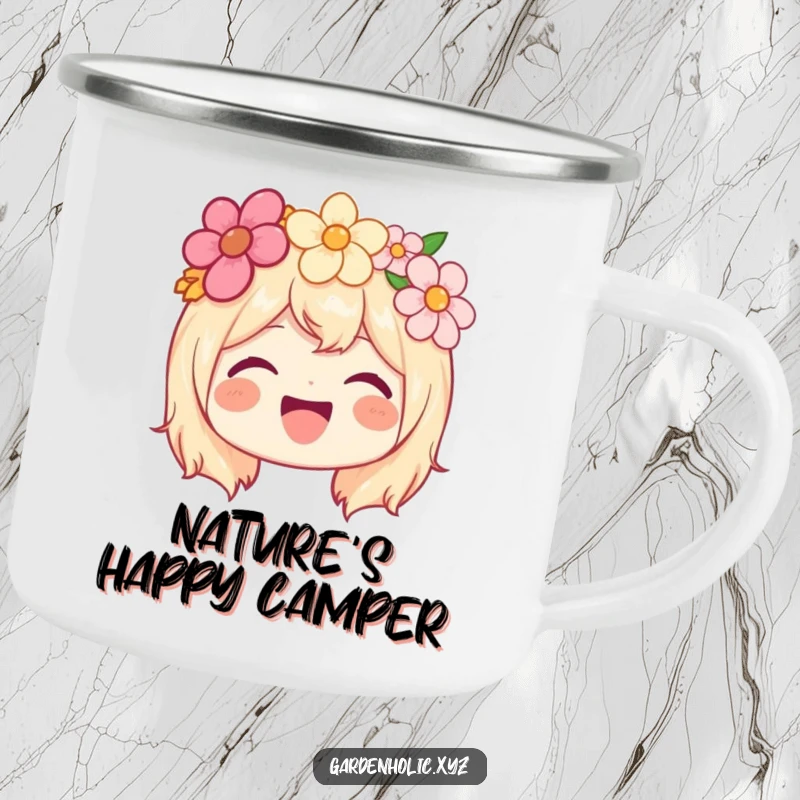 Funny camping mug featuring a joyful character wearing a flower crown and beaming with happiness.
