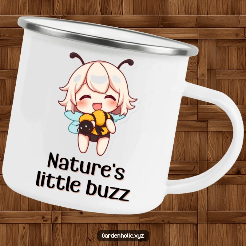 Funny camping mug depicting a character giggling while gently holding a buzzing bumblebee, perfect for nature lovers outdoors.