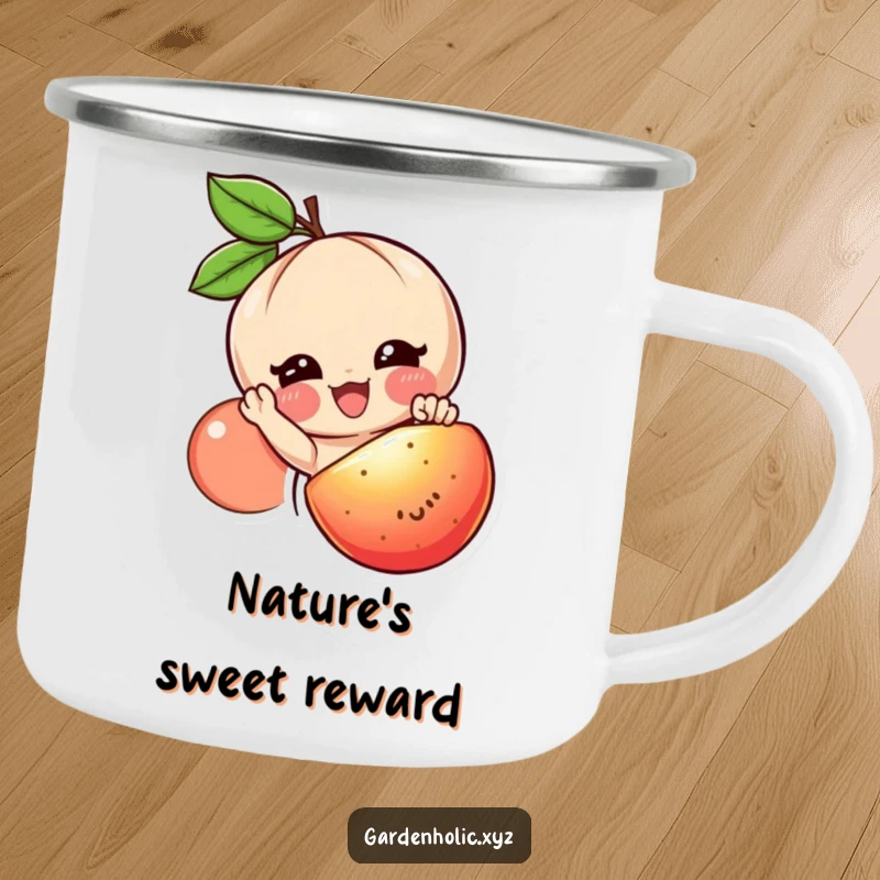 Funny fruit lover camping mug with a smiling character reaching for a juicy, ripe fruit, perfect for outdoor drinks.