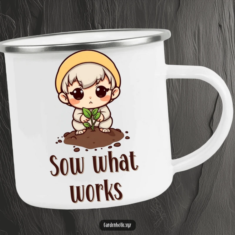 Funny camping mug featuring a determined character planting a tiny seed, perfect for outdoor enthusiasts.