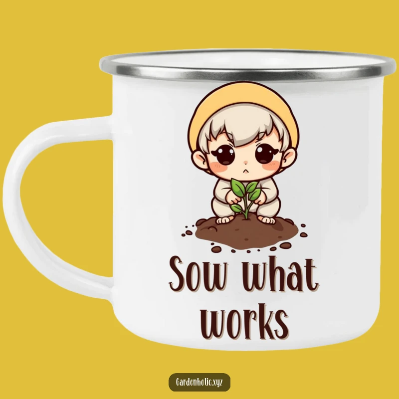 Funny Hopeful Planter Camping Mug: Seed Sowing Character, Outdoor Gift!