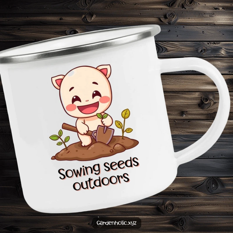 Funny camping mug with a cheerful character planting a seed with a small shovel, celebrating outdoor growth.