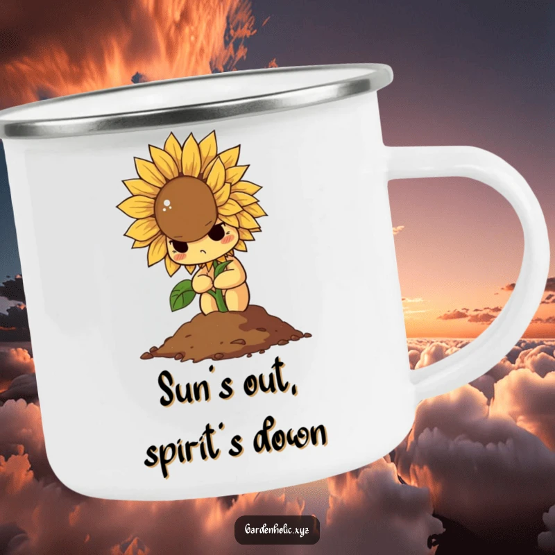 Funny camping mug with a determined sunflower dramatically wilting into a pile of soil, for humorous outdoor enjoyment.