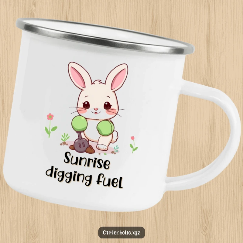Funny bunny camping mug depicting a cute bunny in oversized gardening gloves, digging happily, perfect for outdoor enjoyment and a fun gift.