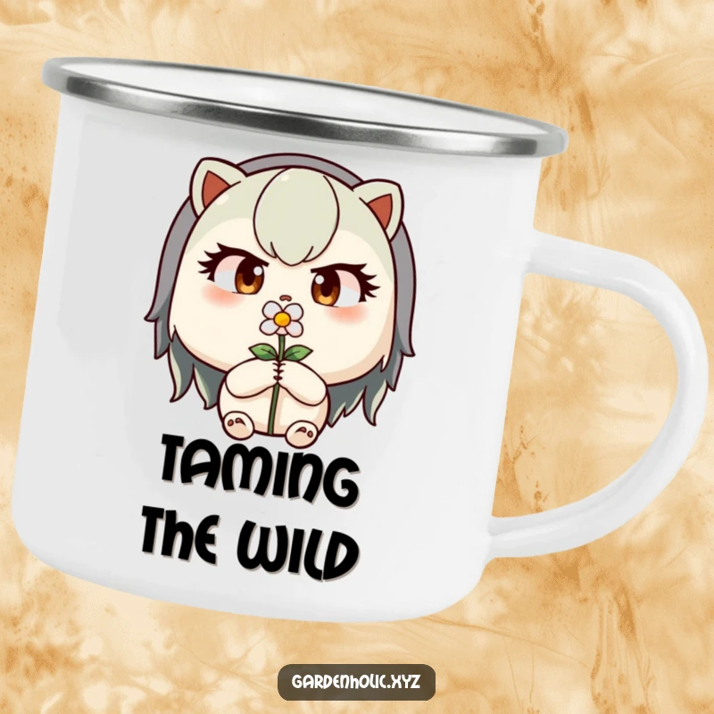 Funny camping mug with a determined character pruning a tiny flower, celebrating meticulous outdoor care.