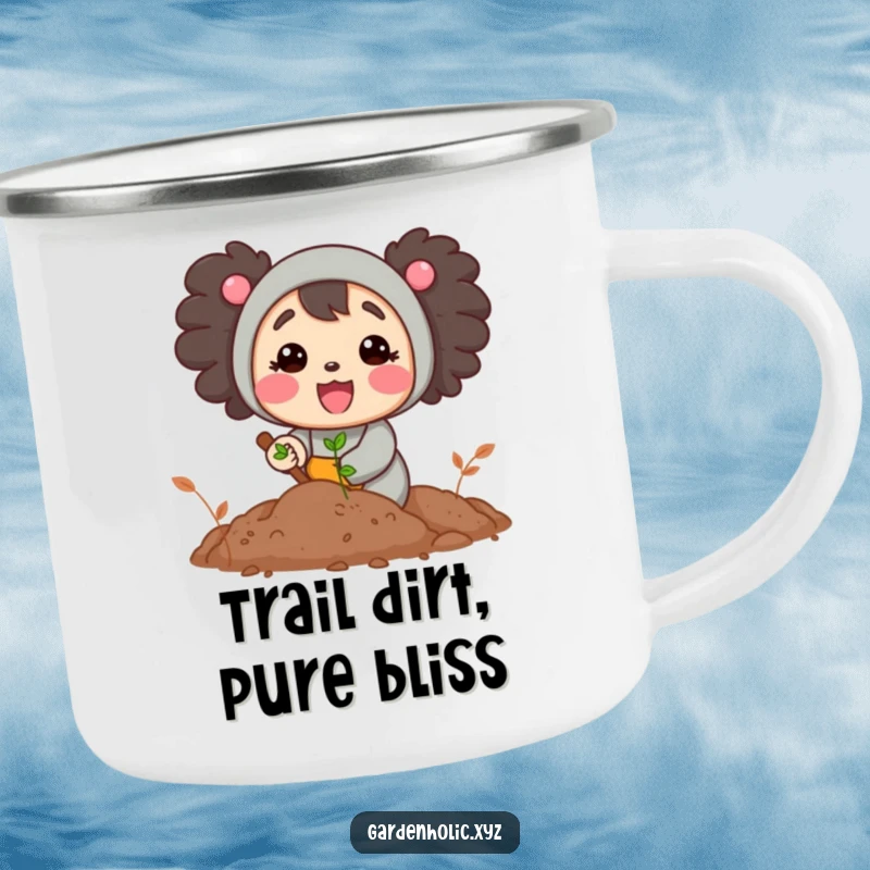 Funny camping mug showing a cheerful character happily digging in fertile soil, designed for outdoor adventures and garden lovers.