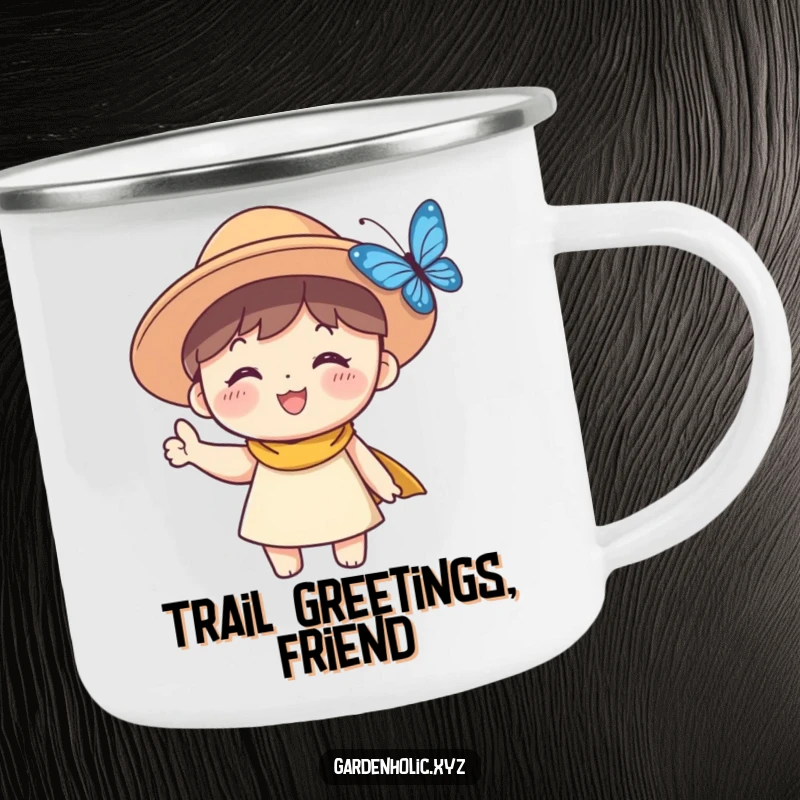 Funny Sun Hat Character Camping Mug: A smiling character in a sun hat waves happily, perfect for enjoying drinks in nature.