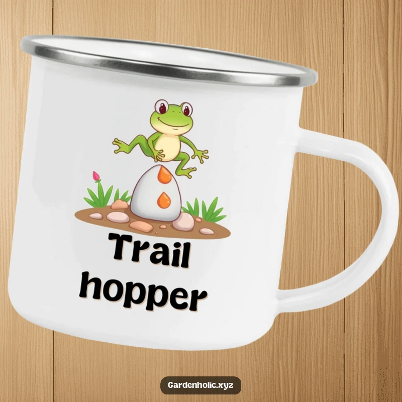 Funny Camping Mug: A frog humorously mid-jump over a garden gnome, designed for outdoor enthusiasts who love a good laugh.
