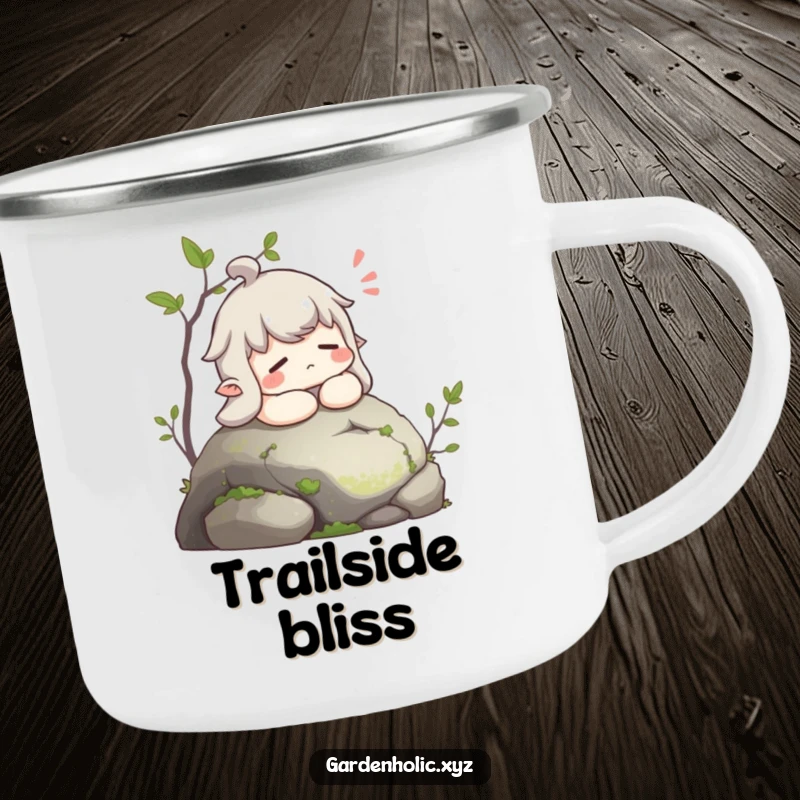 Funny camping mug depicting a character sighing contentedly while resting on a mossy stone, ideal for outdoor calm.