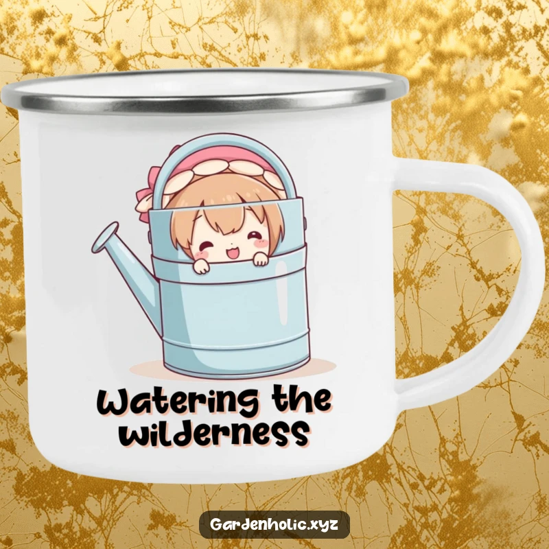 Funny camping mug with a character smiling coyly while peeking from behind a large watering can, perfect for outdoor enthusiasts.