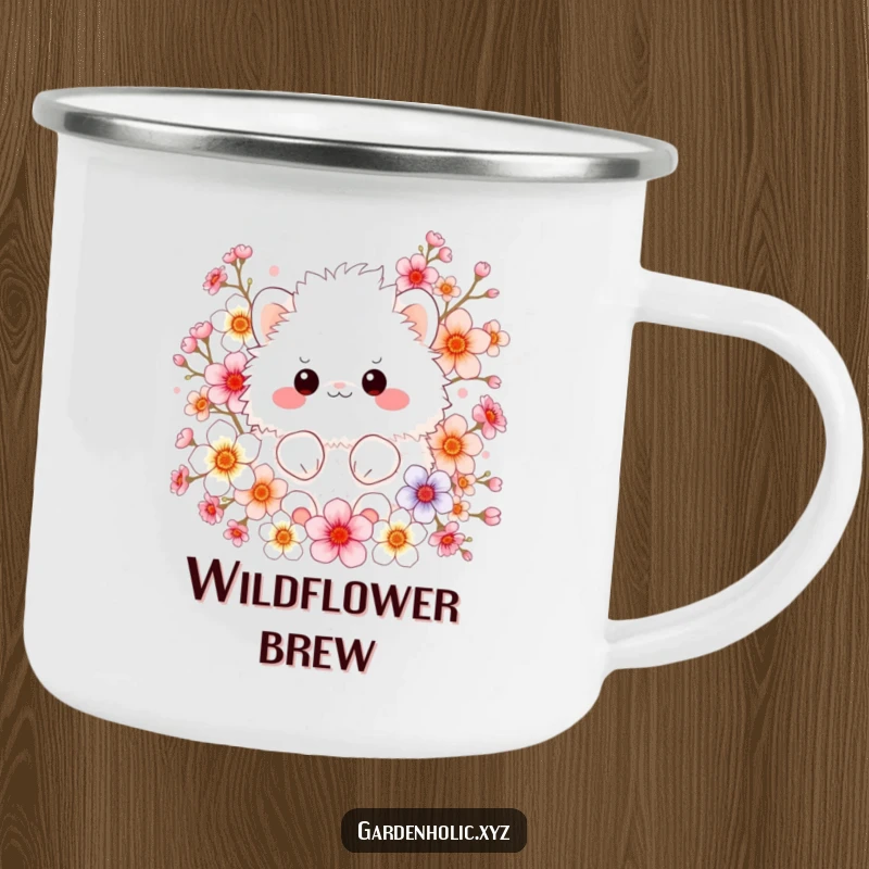 Funny camping mug with a fluffy creature surrounded by colorful blossoms, perfect for nature lovers and outdoor adventures.