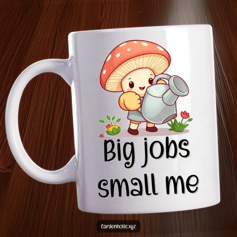 Funny mug depicting a tiny mushroom in oversized gloves struggling with a giant watering can, symbolizing gardening effort.