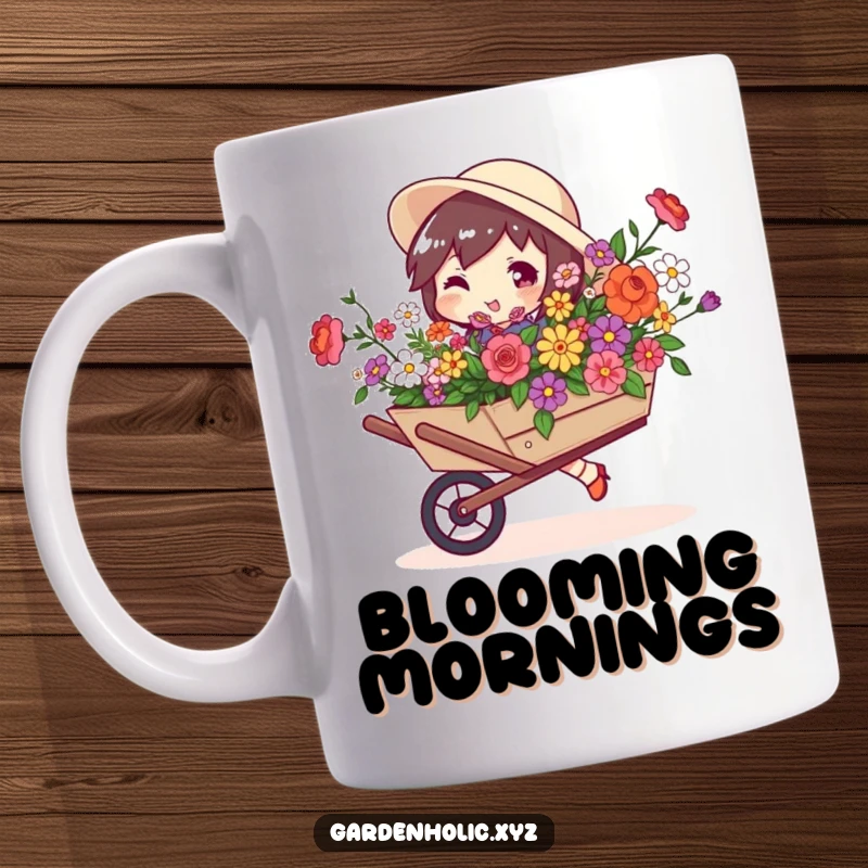 Funny mug featuring a character with a playful swagger carrying a wheelbarrow overflowing with colorful blooms.