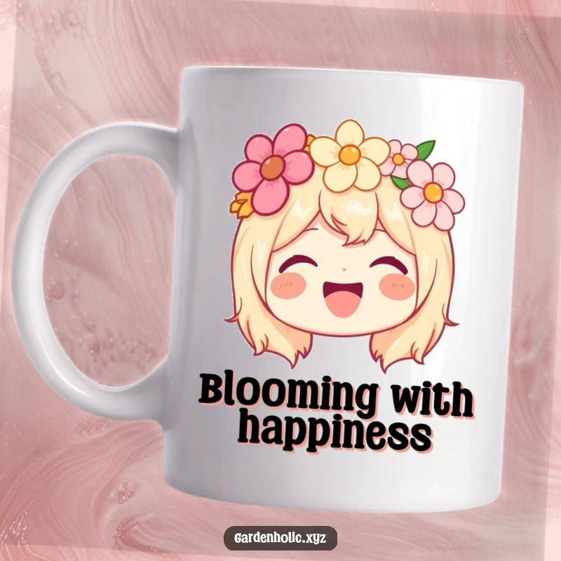 Funny mug of a joyful character wearing a vibrant flower crown and beaming with happiness.
