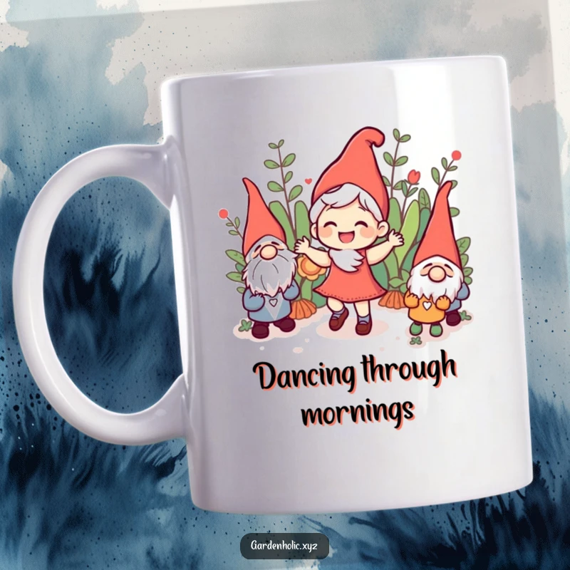 Funny joyful character doing a jig among garden gnomes, on this ceramic mug, a whimsical and funny gift.