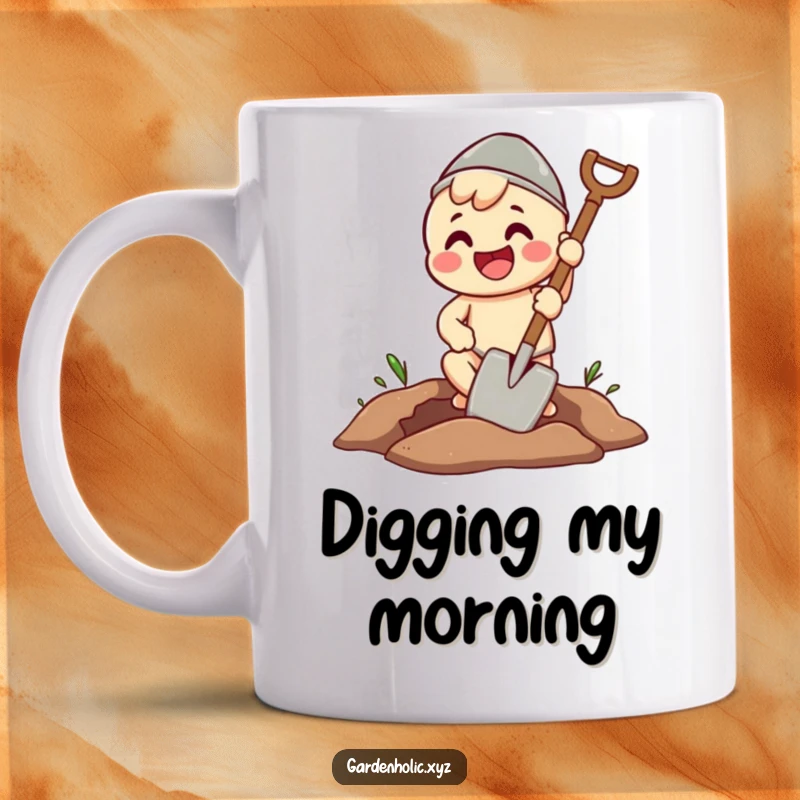 Funny mug showing a beaming character happily and enthusiastically digging a perfectly shaped hole with a spade.
