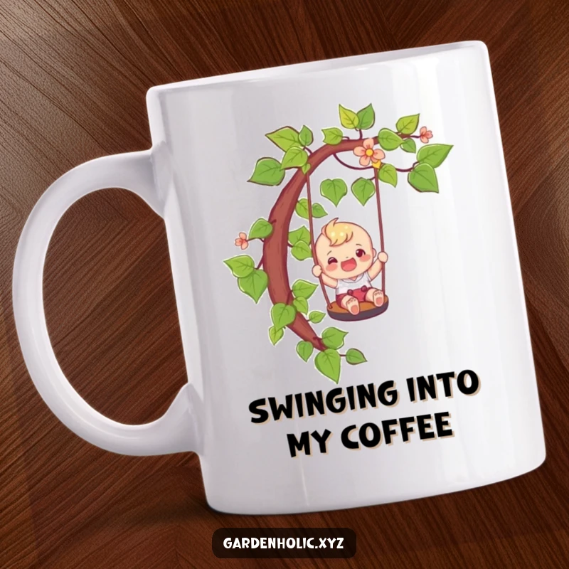 Funny happy character sliding down a vine like a playful swing, perfect for a funny gift.