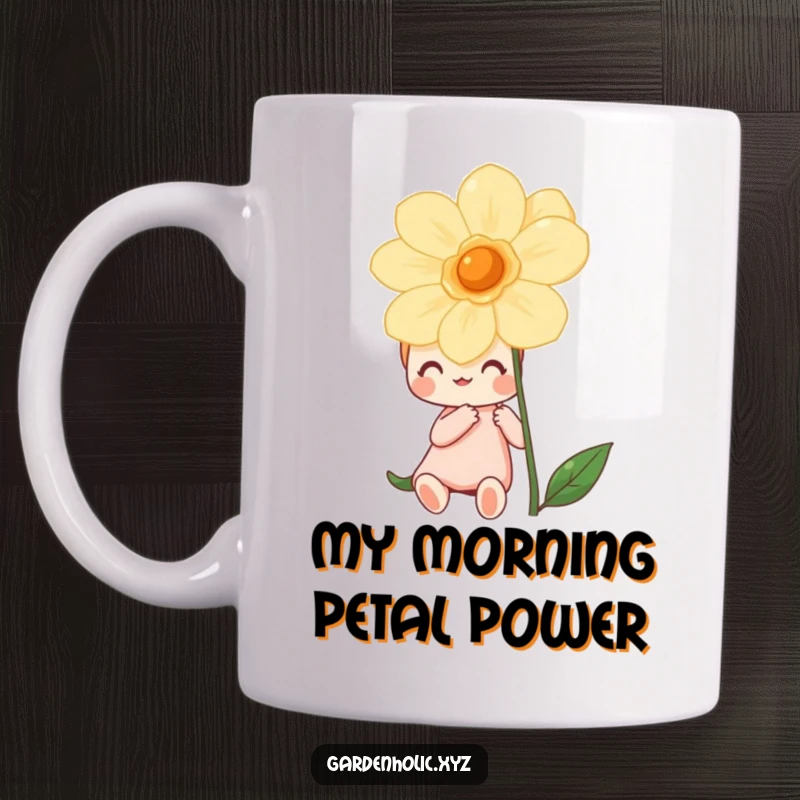 Funny mug featuring a happy character delighted by a vividly blooming flower, celebrating nature's beauty with a smile.
