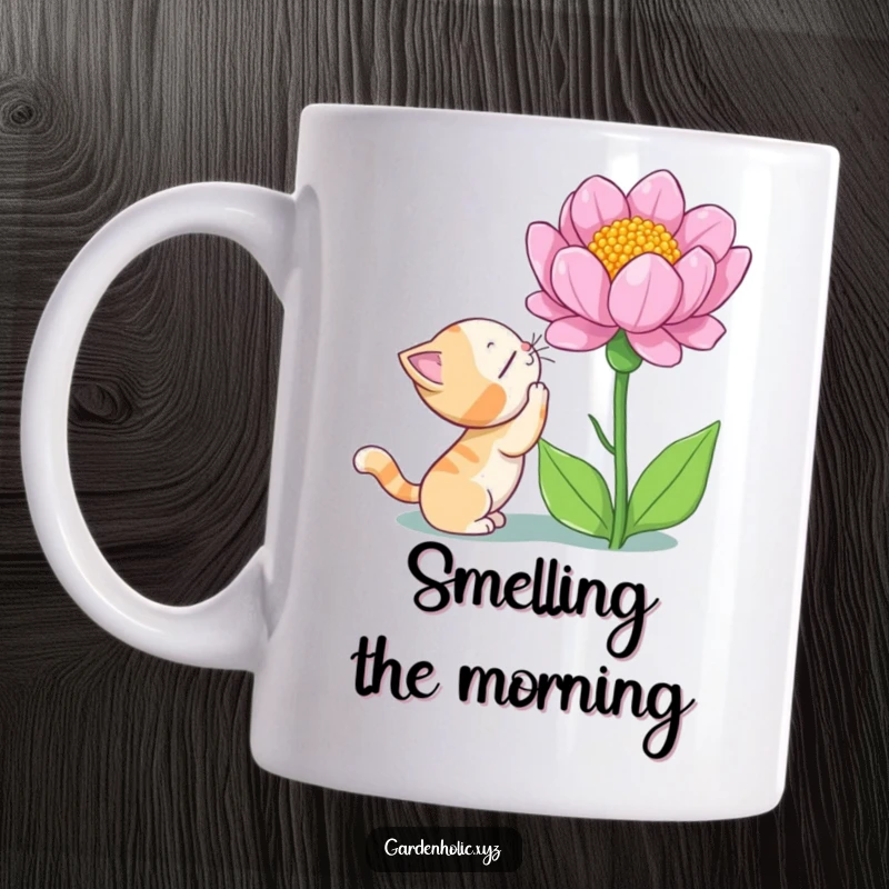 Funny cat mug showing a curious cat sniffing a giant, blooming flower with wide-eyed wonder, celebrating feline curiosity.