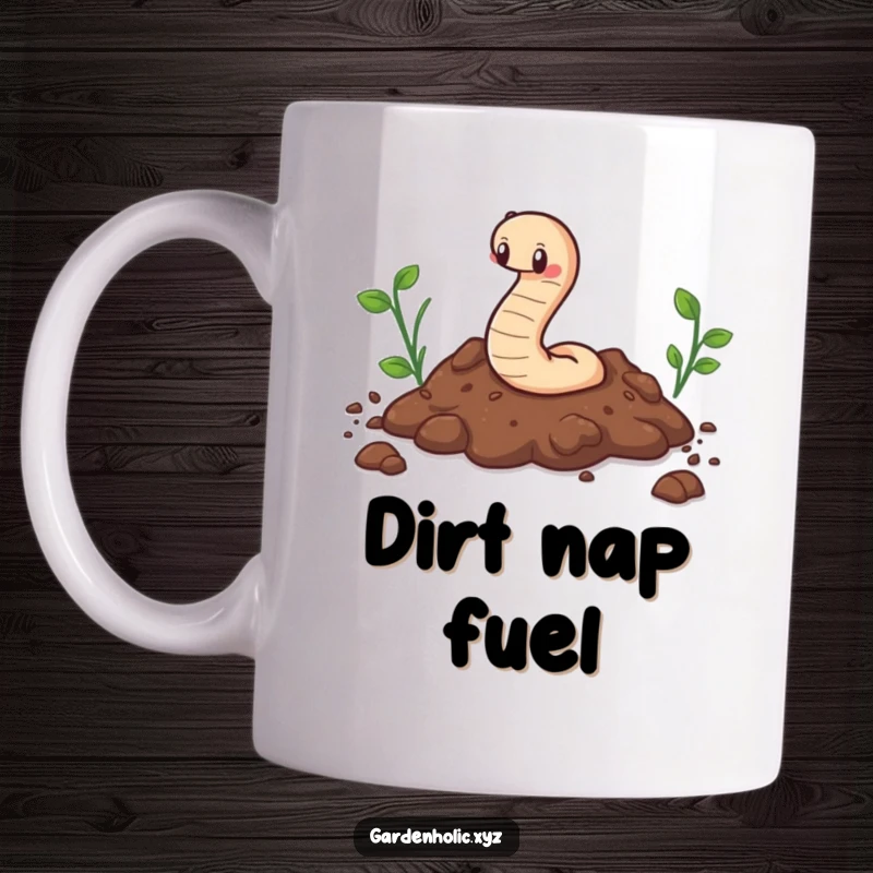 Funny cute worm character happily wiggling through a pile of soil, conveying joy and nature's simplicity on a mug.