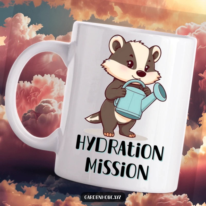 Funny Mug: A determined badger heroically carrying an oversized watering can, symbolizing perseverance and gardening ambition.
