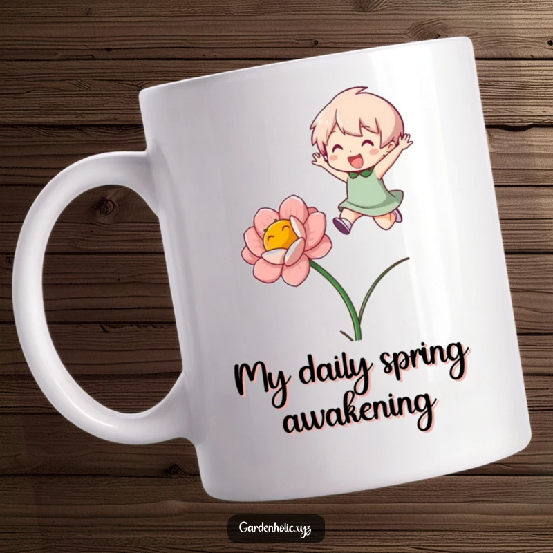Funny Mug: Character gleefully jumping over a vibrant, blooming flower with a huge smile, perfect for garden lovers.