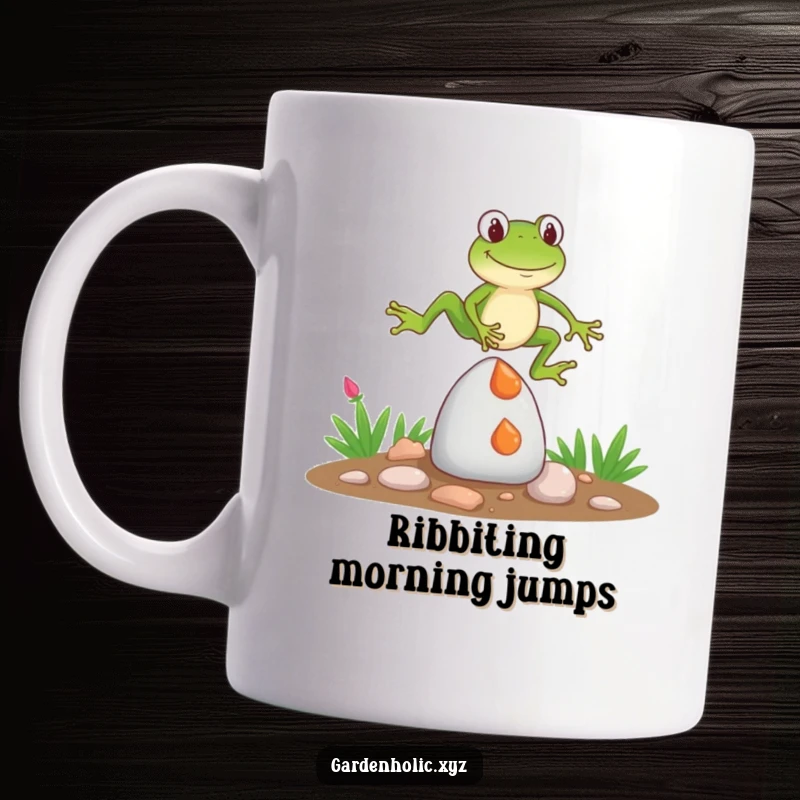 Funny Mug: A cheerful frog mid-air, humorously leaping over a startled garden gnome, embodying playful mischief.