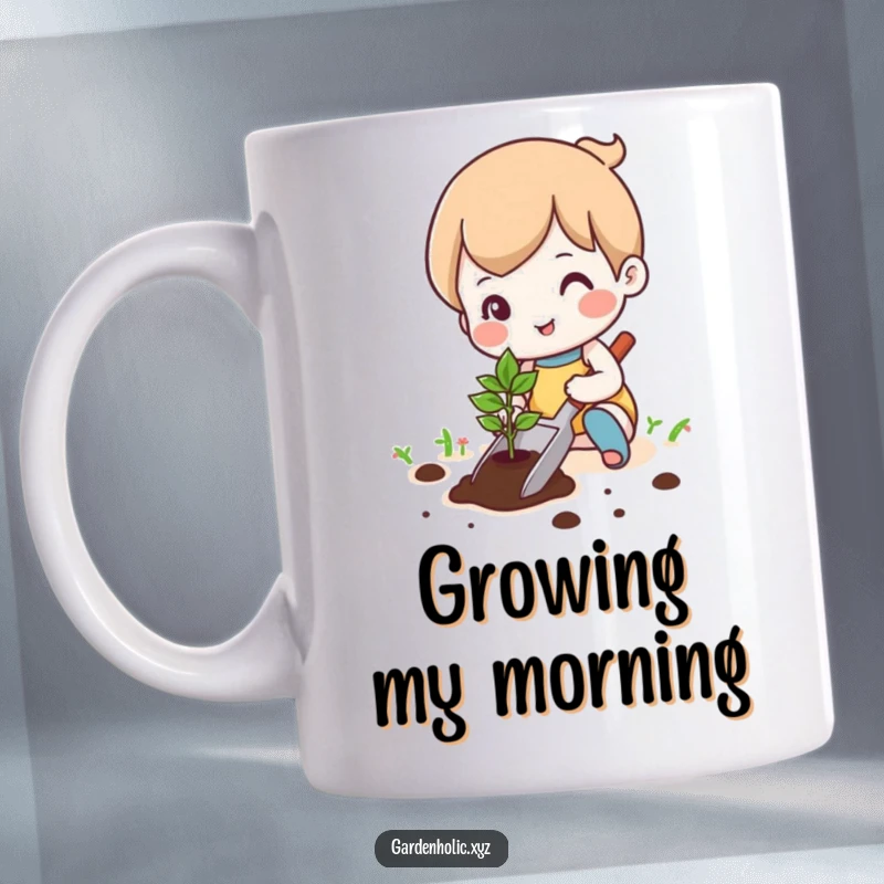 Funny cute character happily planting a tiny seedling with a trowel on a mug, showcasing joy in gardening, a wonderful funny gift.