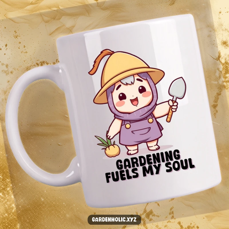 Funny gardener mug with a happy character in a hat, enthusiastically waving a small trowel, ready for some planting fun.