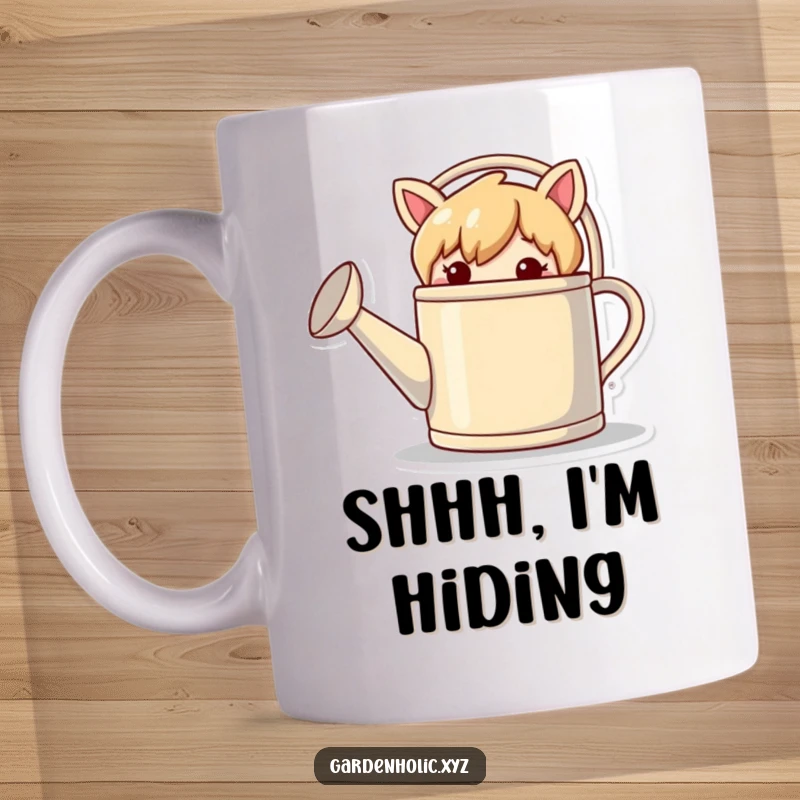 Funny mug showing a mischievous character peeking from behind a comically giant watering can.