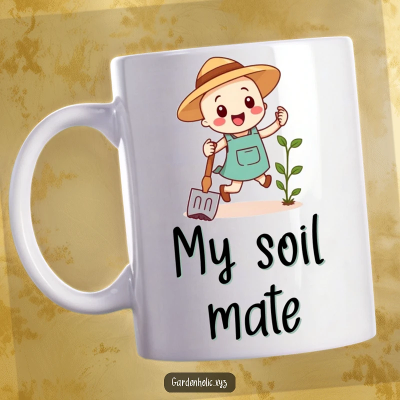 Funny mug featuring a cheerful gardening hoe mid-hop, radiating joy and love for plants, a perfect humorous gift.