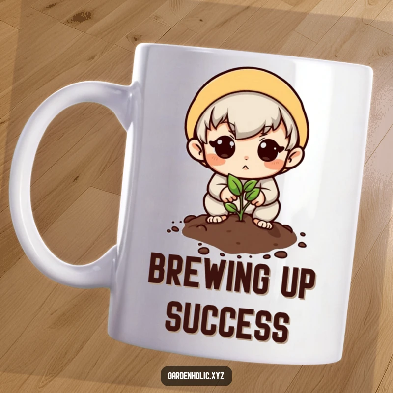 Funny mug featuring a determined character planting a tiny seed with a hopeful expression, symbolizing growth and humor.
