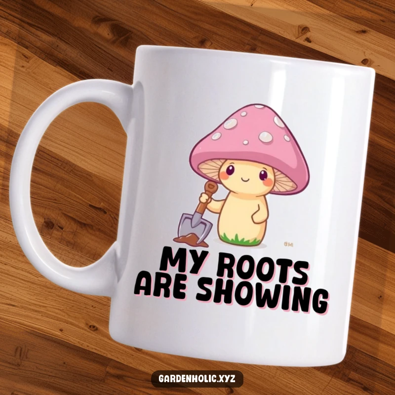 Funny mushroom planting its own cap with a tiny shovel on a mug, showcasing a whimsical gardening adventure.