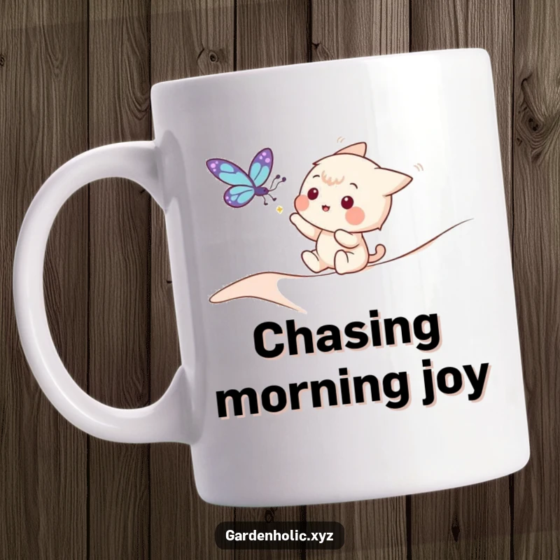 Funny mug featuring a playful character joyfully attempting to catch a delicate, fluttering butterfly in nature.