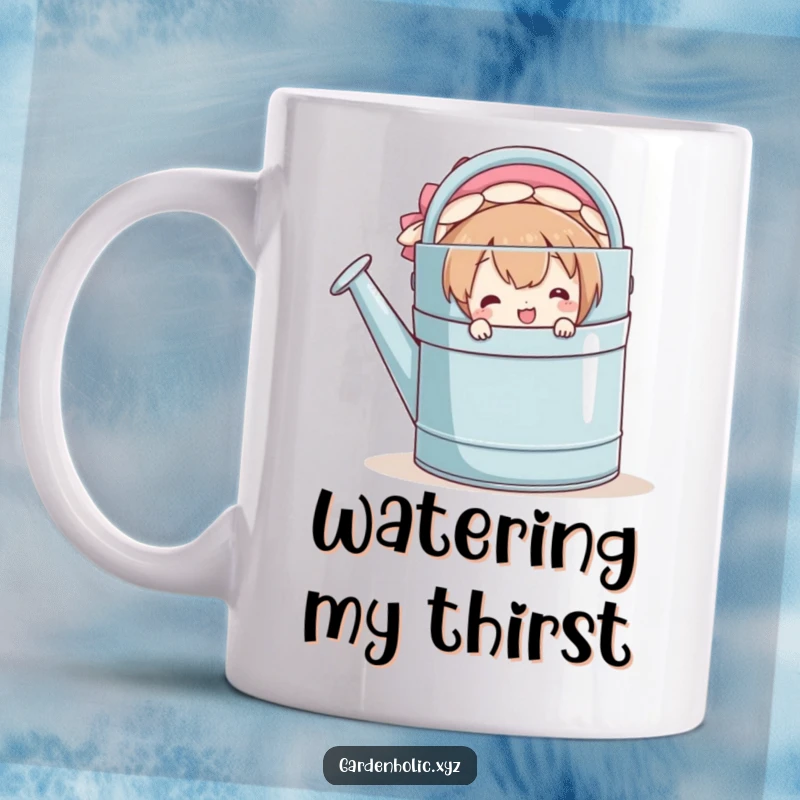 Funny mug showing a character with a happy smile, playfully peeking out from behind an oversized watering can, full of mischief.