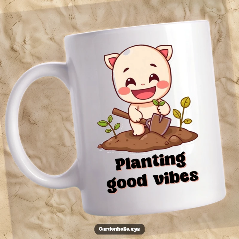 Funny mug showing a cheerful character with a wide grin planting a seed with a small shovel, embracing new beginnings.