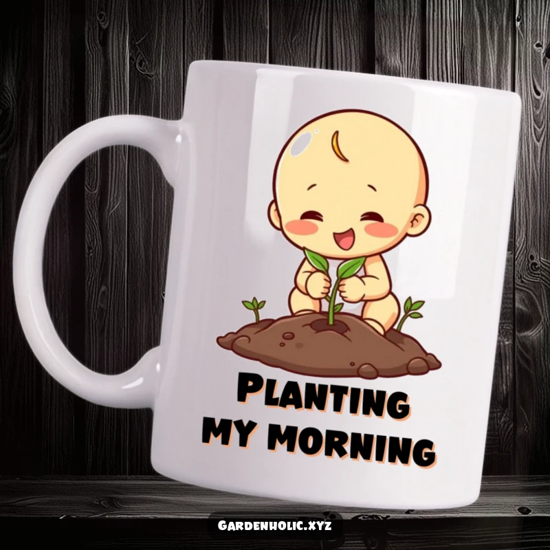 Funny mug depicting a happy character intently planting a small seed into the soil, showcasing dedication and hope.