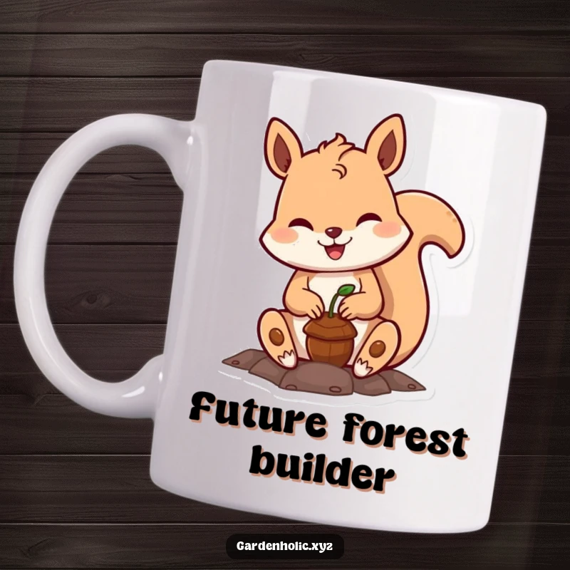 Funny squirrel gardener mug, a cheerful character enthusiastically planting a tiny acorn with a hopeful smile, evoking growth and joy.