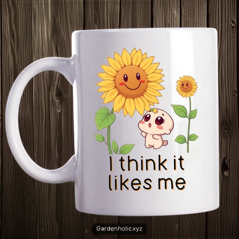 Funny mug featuring a surprised character with wide eyes looking up at a giant, smiling sunflower, evoking wonder and delight.