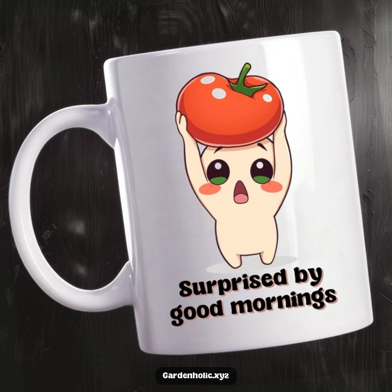 Funny surprised character holding a ripe tomato overhead, on this ceramic mug, a humorous and delightful foodie gift.