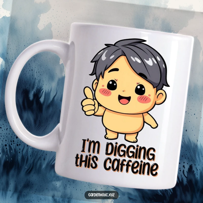 Funny mug with a cheerful character smudged with dirt, giving a confident thumbs up, celebrating messy gardening fun.