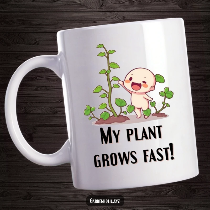 Funny mug with a character excitedly pointing upwards at a thick, fast-growing green vine, symbolizing rapid progress and plant life.