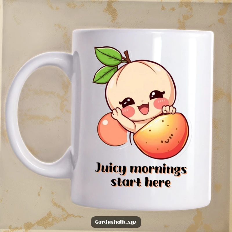 Funny fruit lover mug with a smiling character happily reaching for a juicy, ripe fruit, celebrating delicious produce.