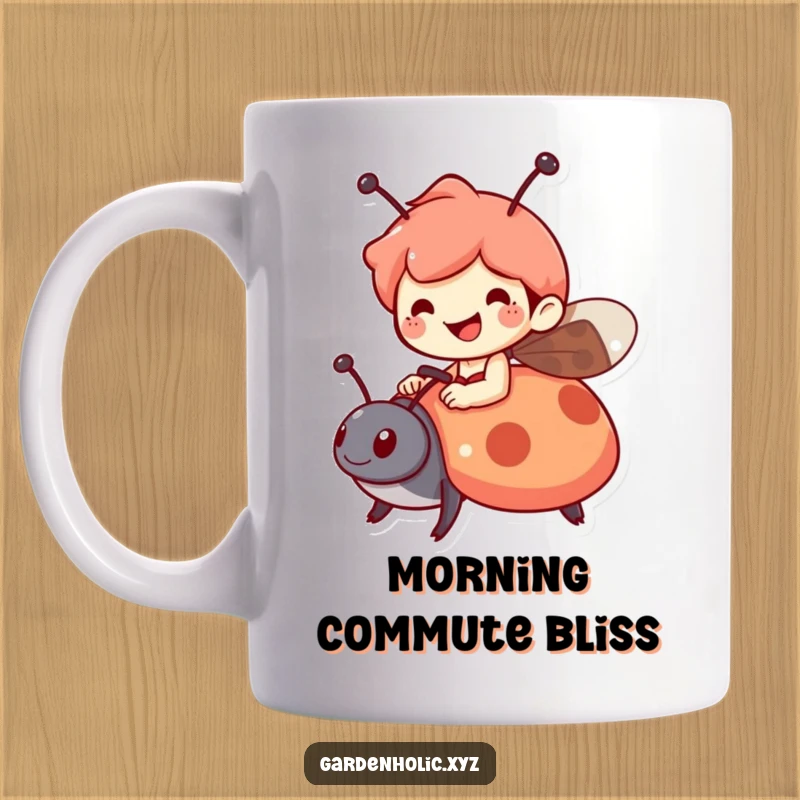 Funny mug with a cheerful character riding a friendly ladybug, symbolizing adventure and happiness, a delightful and funny gift.
