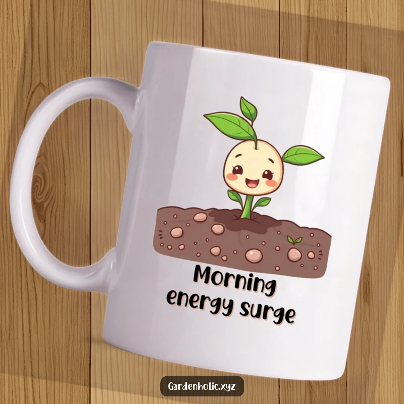 Funny sprout character popping cheerfully out of the ground on a delightful mug. Great gift.