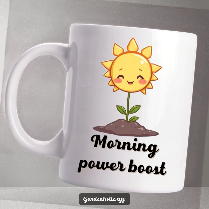 Funny mug with a smiling sun character beaming warmth onto a small, happy plant, symbolizing growth and cheer.