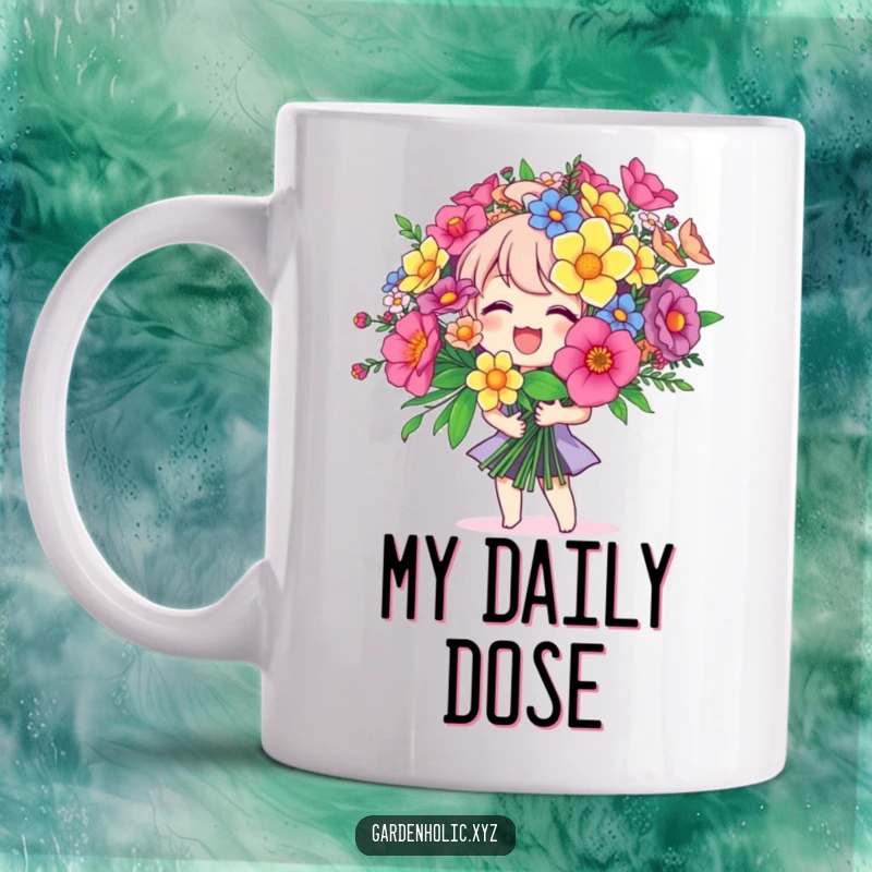 Funny mug showcasing a joyful character holding a giant colorful bouquet, radiating happiness and love, a beautiful and funny gift.