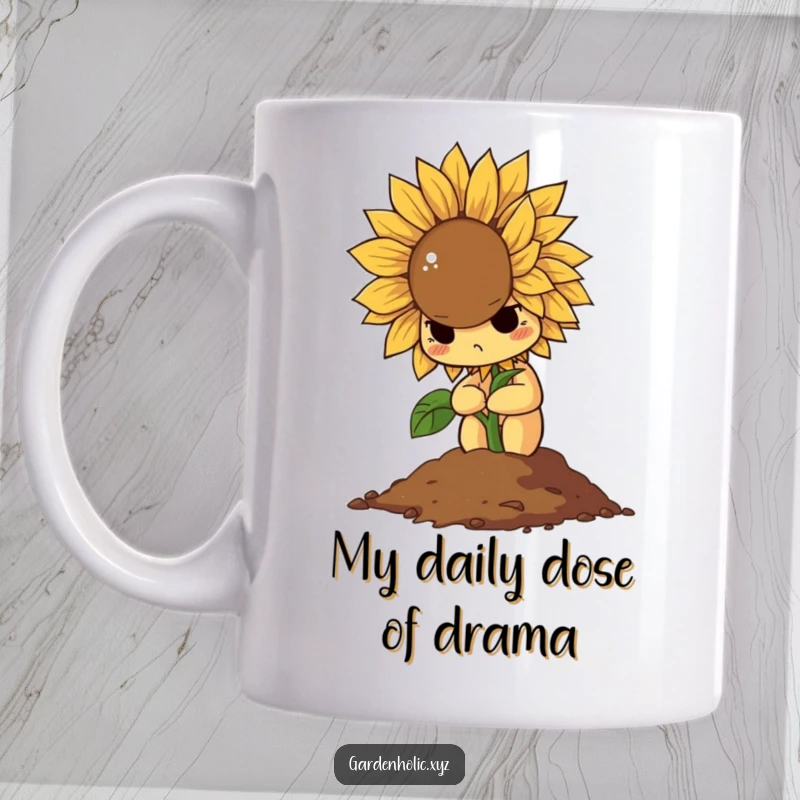 Funny mug with a determined sunflower dramatically wilting into a pile of soil, expressing relatable exhaustion.