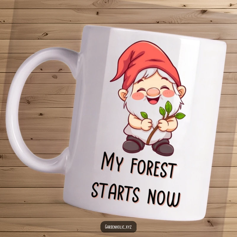 Funny gnome character joyfully holding a tiny sapling, ready to plant, on a delightful mug. Perfect gift for gardeners.